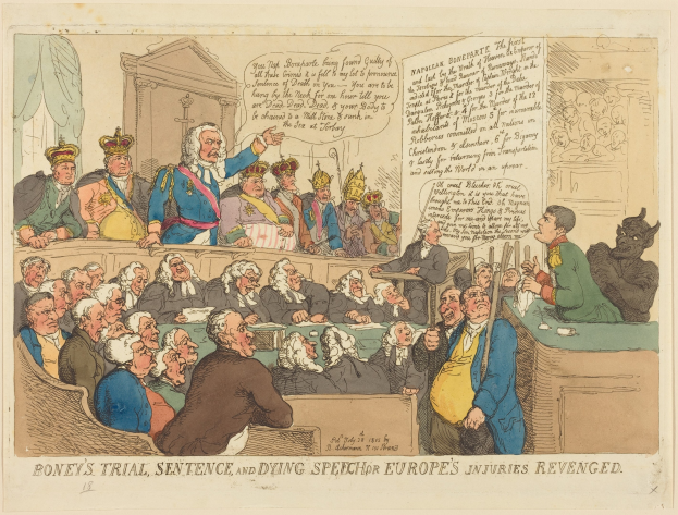 Cartoon-Illustration einer Gerichtsszene mit dem Titel "Boney's Trial, Sentence, and Dying Speech Europe's Injuries Revenged", die einen zentralen stehenden Mann und sitzende Figuren mit einem Tisch voller Gegenstände auf der rechten Seite zeigt.
