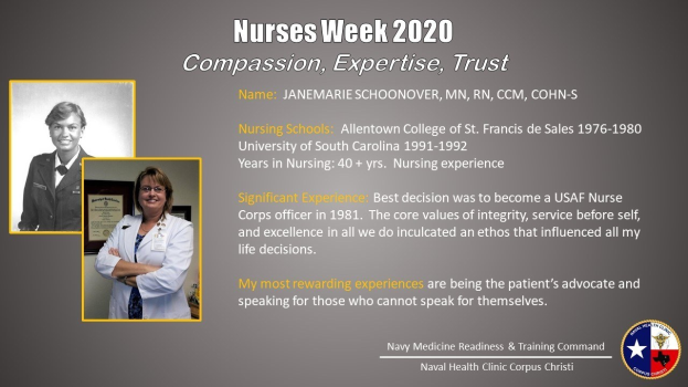 Plakat zur Nurses Week 2020 mit zwei Fotos von Krankenschwestern links und dem Text "Mitgefühl, Expertise, Vertrauen" rechts sowie einem Logo in der rechten unteren Ecke.