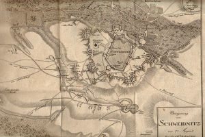 Ein detaillierter alter Stadtplan von Schweidnitz, Deutschland, der Stra├čen, Geb├Ąude, Landmarken und Text mit Informationen ├╝ber die Bev├Âlkerung, Geschichte und Kultur der Stadt zeigt.