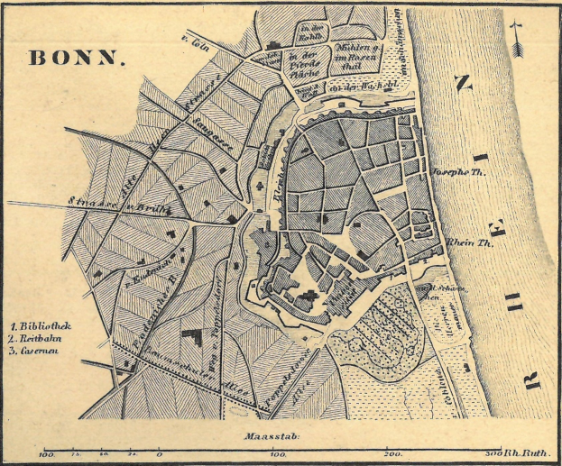 Detailierte alte Karte von Bonn, Deutschland, mit Straßen, Gebäuden und markanten Punkten mit sichtbarem Text.