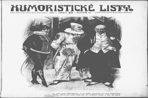 Schwarzer und weißer 1923er Plakat titled 'Humoristische Liste' mit drei karikaturartigen Figuren mit menschlichen Gesichtern.