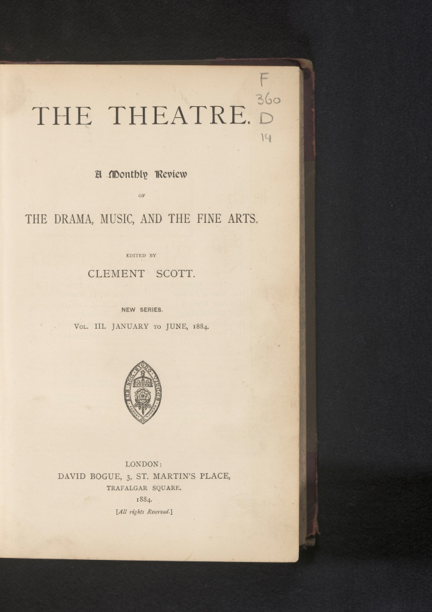 Offenes Buch mit dem Titel 'The Theatre: A Monthly Review of the Drama, Music, and the Fine Arts' mit sichtbarem Text und Logo auf einer Innenseite.
