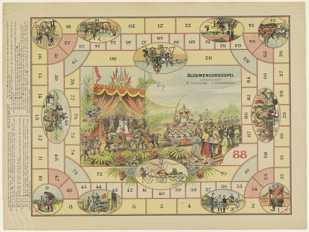 Brettspiel mit einem zirkus-themen Spielbrett, das Zahlen, illustrierte Personen, Tiere, Pflanzen, Bäume und andere Gegenstände sowie Text enthält.