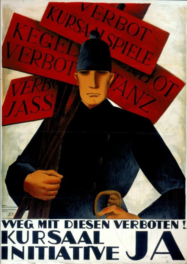 Deutsches Propagandaplakat "Weg mit diesen Verboten" zeigt einen Soldaten in Uniform mit einem Schild mit der Aufschrift, vor einem strengen Hintergrund.
