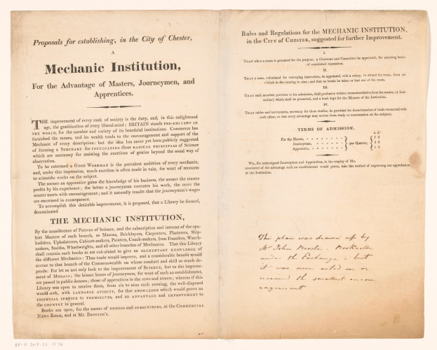 Offenes Buch mit dem Titel "Mechanische Anstalt, zum Vorteil von Meistern, Gesellen und Lehrlingen", wahrscheinlich ein Vorschlag für die Gründung einer mechanischen Anstalt.