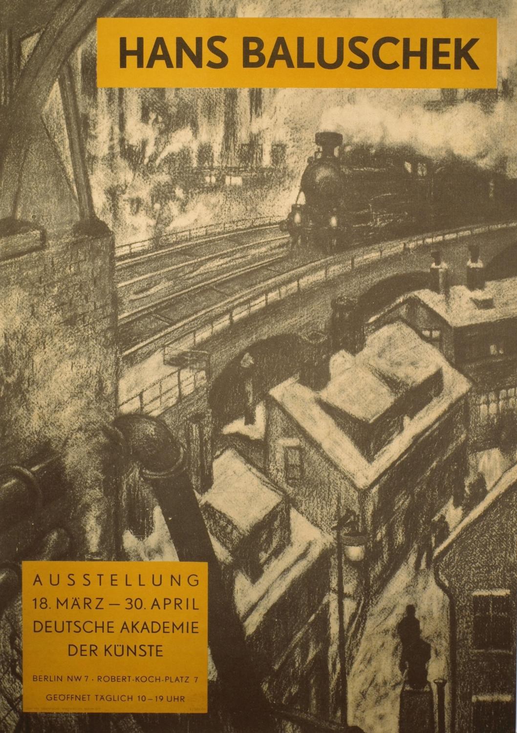 Ein Buch mit dem Titel "Hans Baluschek - Ausstellung 18. März - 30. April" mit einem Zug auf dem Cover, umgeben von Gebäuden, Bahnschienen und Rauch.