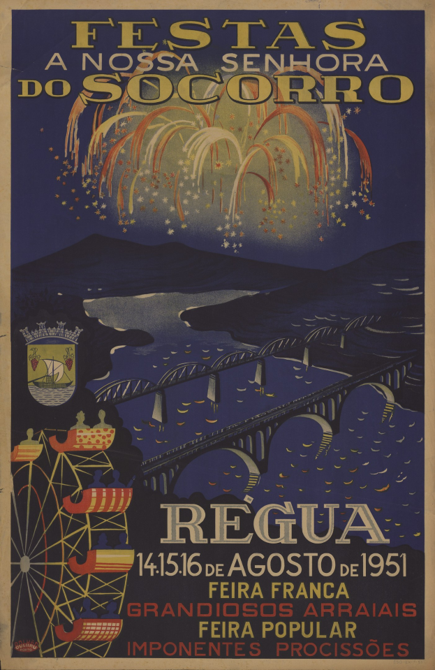Buntes Festivalplakat in Brasilien mit Brücke, Wasser, Hügeln und Feuerwerk, mit Text.