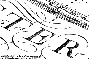 Schwarze und weiße Illustration des Buchstabens 'R' als erste Seite eines Gesetzes, mit fetter schwarzer Schrift und einem dekorativen Rahmen auf leicht zerknittertem, altem Papier.