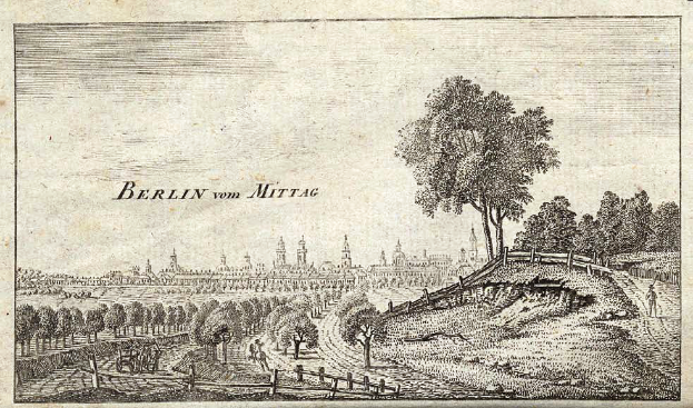 Eine Gravur von Berlin aus Mittag, Deutschland, mit Bäumen, Menschen, einem Zaun und einem Himmel im Hintergrund sowie einigen Schriftzügen auf dem Papier.