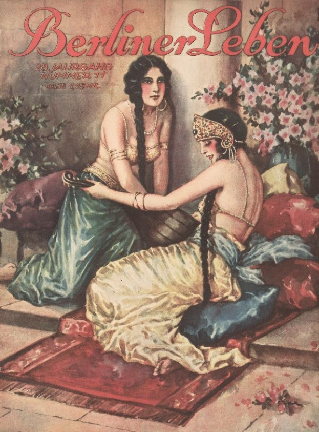 Plakat mit zwei Frauen auf einem Bett umgeben von Kissen und Pflanzen mit Blumen, oben mit 'Berliner Leben Magazin-Cover aus Oktober 1931' betitelt.