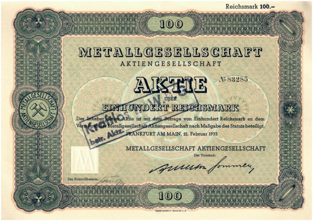 Alte deutsche 100 Reichsmark-Banknote von 1933 mit "Metallgesellschaft Aktie" darauf gedruckt.