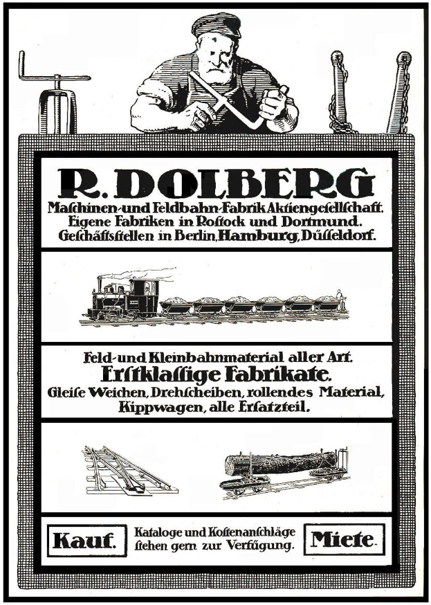 Werbung für die Fabrik von R.D. Dolberg in Hamburg, Deutschland, mit Text und Bildern einer Person, eines Zugs und weiterer Gegenstände.