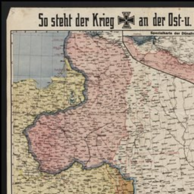 Eine gerahmte Karte von Deutschland mit der Überschrift "So Steht der Krieg an der Ost-U" darüber.
