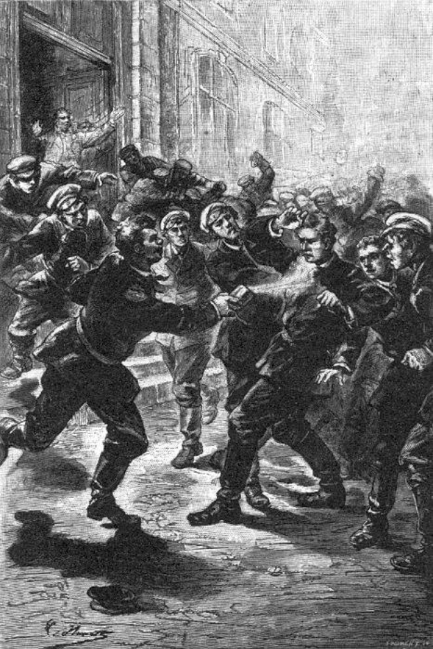 Schwarz-weiß-Illustration einer gewalttätigen Straßenunruhen mit einer Gruppe von Männern, mit einem Gebäude im Hintergrund und der Beschriftung "Victorian riots in London, England" unten.