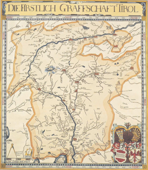 Ein detailliertes historisches Poster der ersten Grafschaft Tirol, das eine Karte mit geografischen Merkmalen wie Flüssen, Bergen und Städten zeigt, begleitet von erklärendem Text.