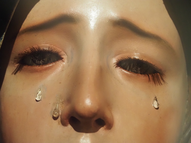 Eine Frau mit tr├Ąnenüberstr├Âmten Wangen, ihr Gesichtsausdruck spiegelt Trauer und Verzweiflung wider.