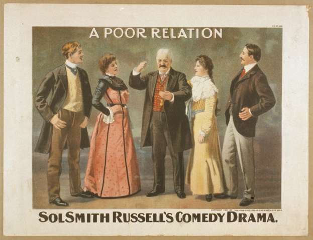 Plakat für "Sol Smith Russells Comedy-Drama: Eine schlechte Beziehung" mit einer Gruppe von lässig gekleideten Menschen verschiedenen Alters und Geschlechts, die vor einem hellblauen Hintergrund stehen.