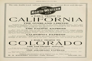 Zeitung mit Textwerbung für tägliche Züge nach Kalifornien, The Overland Limited, The Pacific Express und Colorado auf der North Western Line.