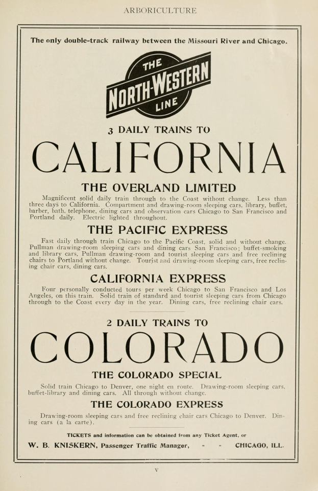 Zeitung mit Textwerbung für tägliche Züge nach Kalifornien, The Overland Limited, The Pacific Express und Colorado auf der North Western Line.
