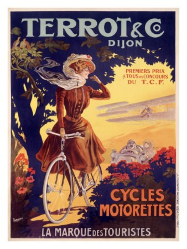 Ein Plakat für eine Fahrradtour in Frankreich, das eine Frau auf einem Fahrrad umgeben von Bäumen, Blumen und anderen Menschen zeigt, mit Text, der die Tour beschreibt.