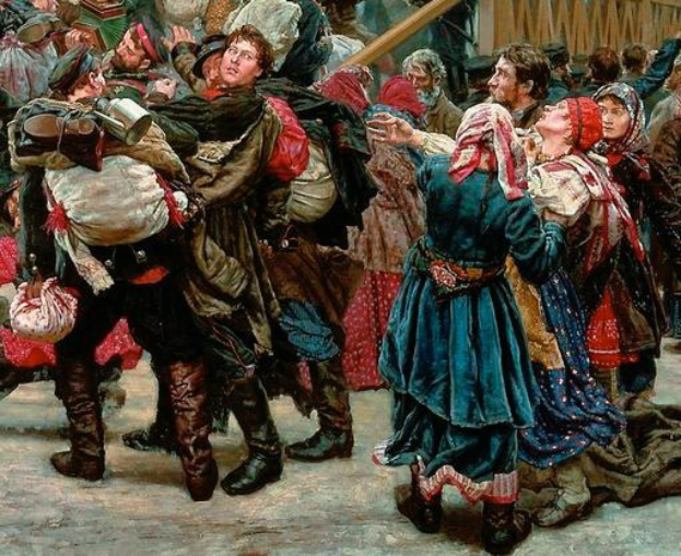 Gemälde von Menschen, die in traditioneller russischer Kleidung tanzen und Gegenstände halten, vor einer Menge mit einem hölzernen Haus im Hintergrund, das eine lebhafte Szene aus der russischen Revolution heraufbeschwört.