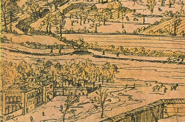 Ein detailliertes Stadtbild mit einer gewundenen Flusslauf, umgeben von üppigen grünen Bäumen und hohen Gebäuden, das eine friedliche Atmosphäre vermittelt.