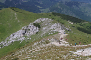 Gruppe von Menschen beim Wandern auf einem grasbewachsenen Berghang mit Felsen im Hintergrund, der Himmel ist im Hintergrund zu sehen.