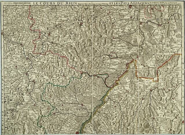 Alte Karte der rheinland-pfälzischen Region Frankreichs, die den Rhein zeigt, auf Papier gedruckt mit Text oben und unten.
