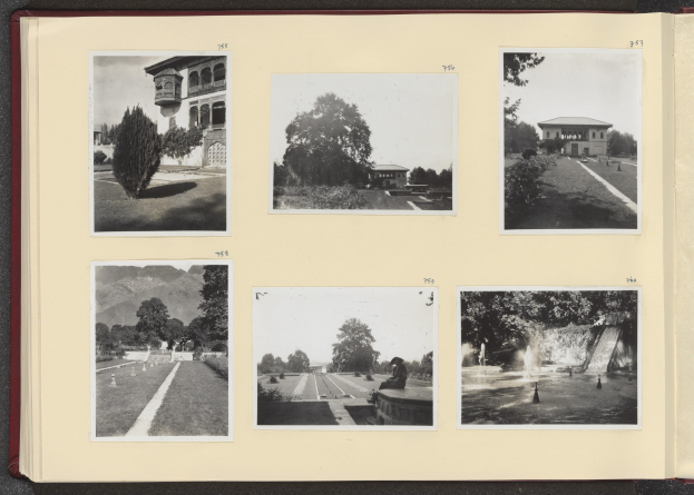 Ein Collage aus Schwarz-Weiß-Fotografien von Bäumen in der Mitte, umgeben von Gebäuden und einem Brunnen, auf einem aufgeschlagenen Buch dargestellt.