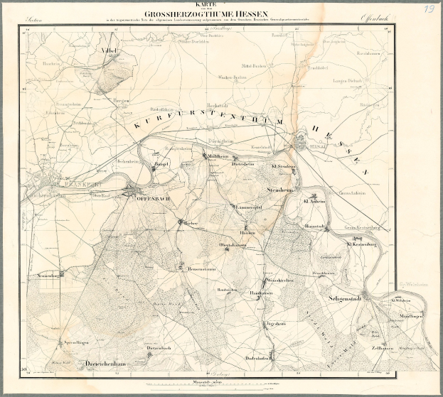 Alte Hessen-Karte, gerahmt mit schwarzen Rändern und Text.