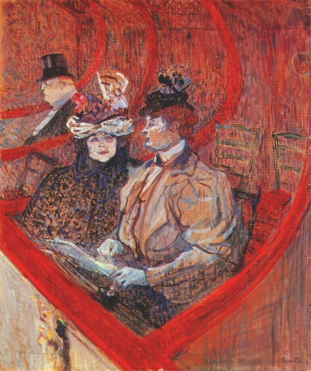 Gemälde mit dem Titel "Die Oper" von Edouard Manet, das zwei formell gekleidete Personen an einem Tisch sitzend und eine stehende Person im Hintergrund zeigt, in einem Raum mit gemustertem Tapeten, einem großen Fenster mit Stadtpanorama und gedämpften blauen und grauen Tönen.