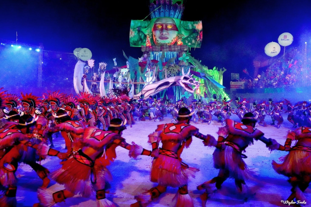 Eine Gruppe von Menschen in bunten Kostümen tanzt auf einer Bühne während des Karnevals in Rio de Janeiro 2014, mit einer Menge, die auf Stühlen sitzt, beleuchtet von Lichtern und einem Bildschirm, der eine Person und andere Gegenstände anzeigt.
