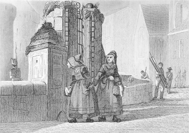 Schwarz-Weiß-Gravur Von Zweien Frauen, Die Vor Einem Gebäude Stehen, Mit Anderen Leuten Im Hintergrund, Betitelt Mit "Victorian Women In The City Of London".