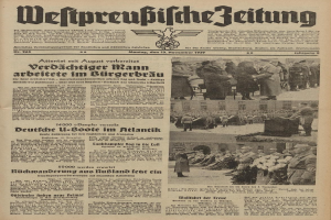 Alte deutsche Zeitungsvorderseite vom 13. November 1939 mit der Schlagzeile "Weitpreubliche Zeitung", die eine Gruppe in traditioneller deutscher Tracht in einer feierlichen Umgebung zeigt.