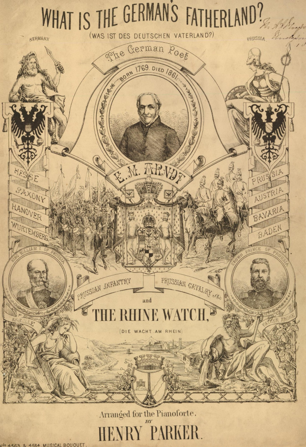 Schwarz-weiß-Illustration eines Papiers mit Porträts von Menschen und dem Text "Was ist das deutsche Vaterland? Die Rheinwacht von Henry Parker."