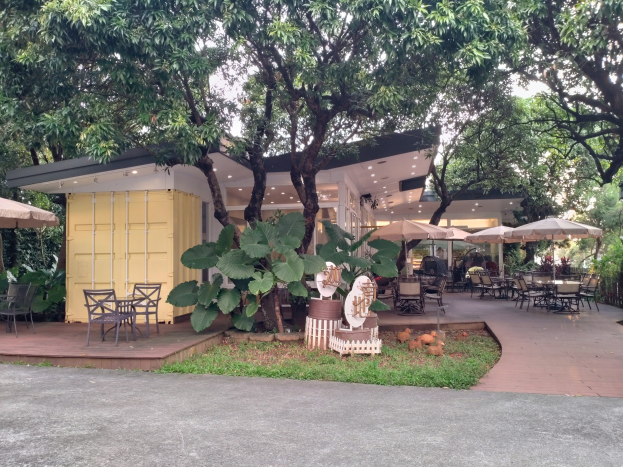 Outdoor-Café mit Tischen, Stühlen und Sonnenschirmen in einer Parkanlage, umgeben von Bäumen und Pflanzen, mit einer Straße und einem Gebäude im Hintergrund.