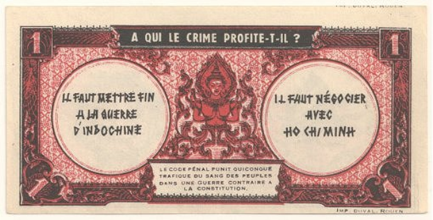 Eine alte französische Banknote mit einem ernst dreinblickenden Mann in einem Anzug, der Text lautet "A qui le crime profite-il?" und ein weißer Hintergrund mit einem schwarzen Rand.