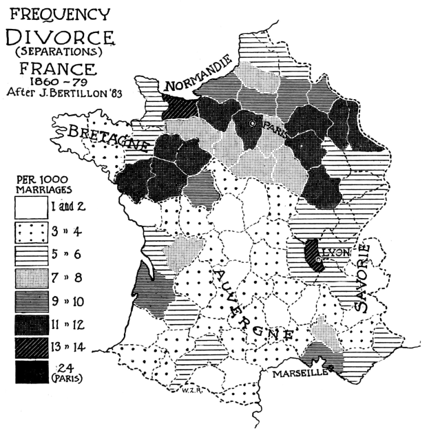 Schwarze und weiße Frankreichkarte mit Text und Zahlen, die die Scheidungsfrequenz nach Regionen angeben.