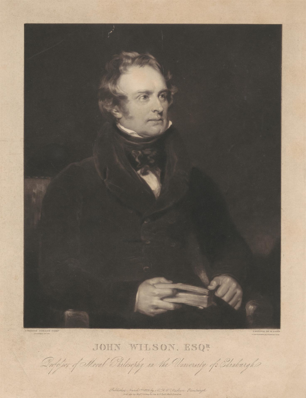 Porträt von John Wilson Esqr., dem Begründer der Moralphilosophie an der Universität Edinburgh, sitzend in einem Stuhl mit einem Buch in der Hand und Text am unteren Rand.