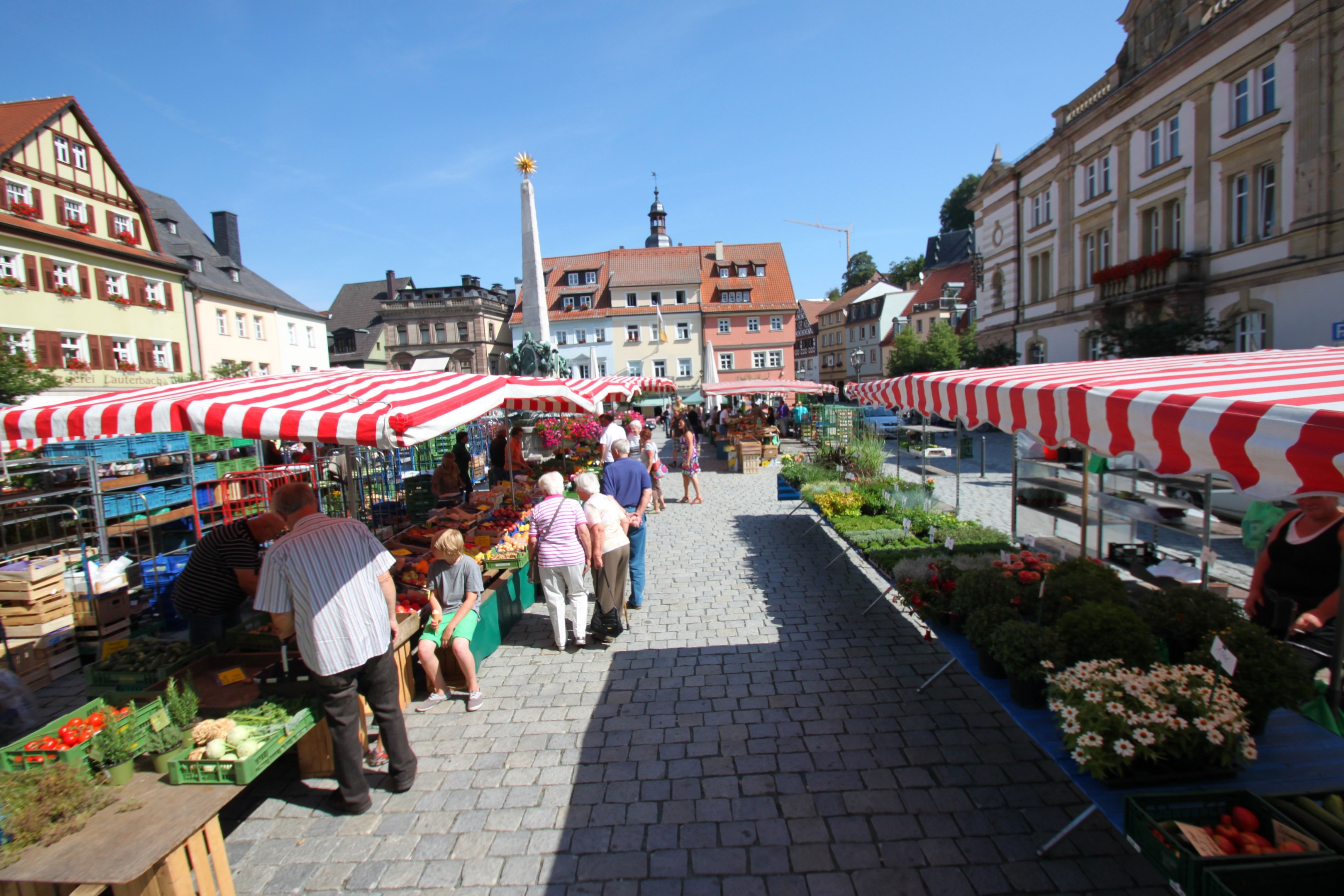 Ein belebter Markt im historischen Stadtzentrum von Heidelberg, Deutschland, mit Menschen, die um Zelte und Tische herumgehen, sitzen und stehen, auf denen Körbe mit Gemüse stehen, vor einem Hintergrund aus Gebäuden, Bäumen und einem klaren blauen Himmel.