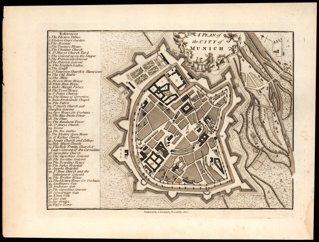 Ein altes Stadtplan von München, Deutschland auf schwarzem Hintergrund, der Straßen, Gebäude und Sehenswürdigkeiten mit beschrifteten Text zeigt.