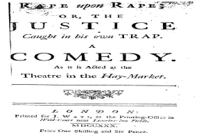 Schwarzer und weißer Plakat mit der Aufschrift "Vergewaltigung auf Vergewaltigung oder die Gerechtigkeit, die in ihrer eigenen Falle gefangen ist" in fetter schwarzer Schrift, wahrscheinlich für eine Comedy-Show.