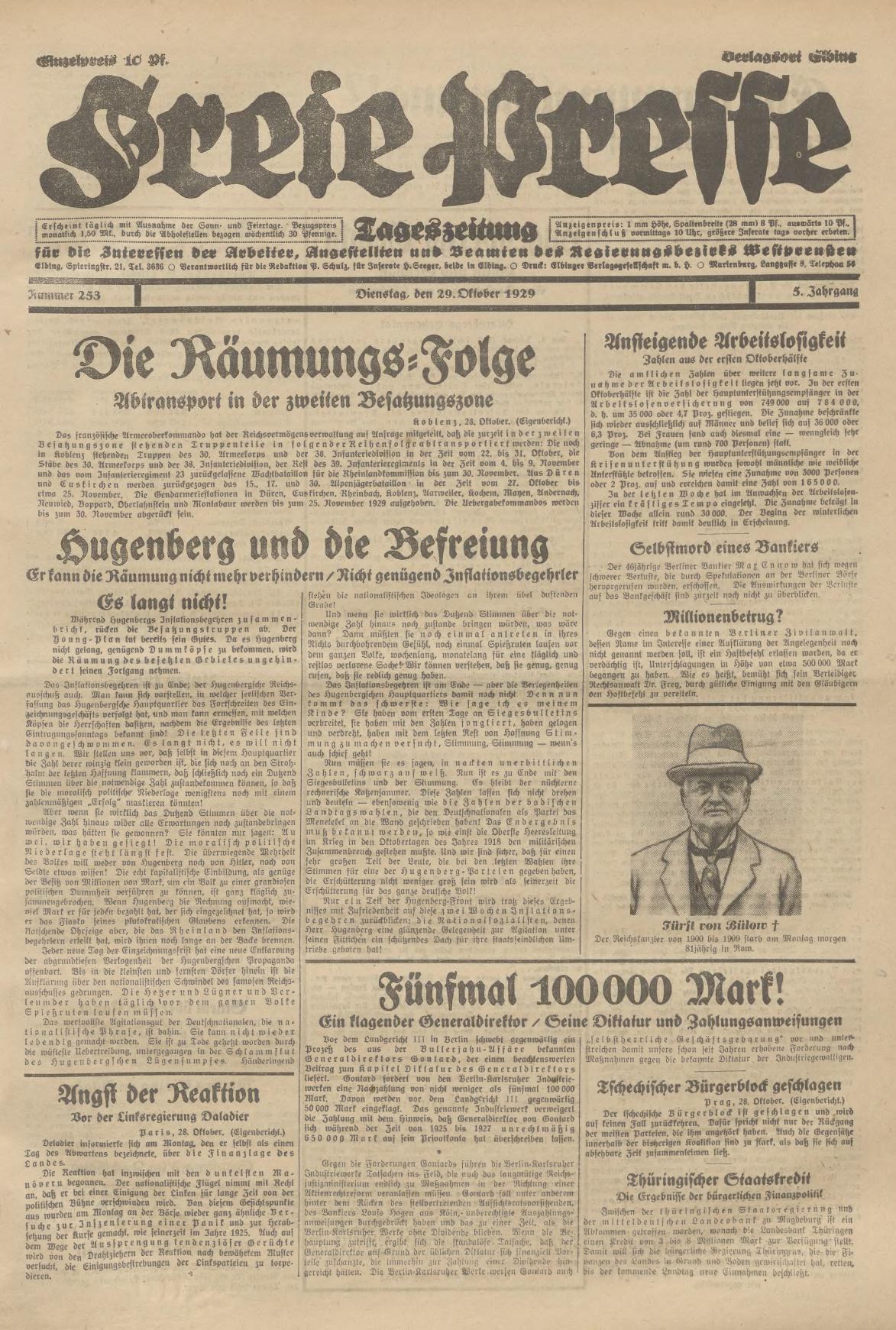 Alte deutsche Zeitung vom 29. September 1929 mit einer Titelseite, die "Sugenberg und die Defreiung" lautet und ein Schwarz-Weiß-Foto eines Mannes in einem Anzug, einer Krawatte und einem Hut mit einem ernsten Gesichtsausdruck zeigt.
