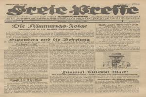 Alte deutsche Zeitung vom 29. September 1929 mit einer Titelseite, die "Sugenberg und die Defreiung" lautet und ein Schwarz-Weiß-Foto eines Mannes in einem Anzug, einer Krawatte und einem Hut mit einem ernsten Gesichtsausdruck zeigt.