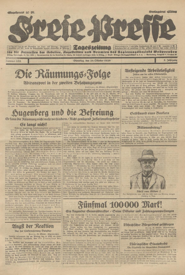 Alte deutsche Zeitung vom 29. September 1929 mit einer Titelseite, die "Sugenberg und die Defreiung" lautet und ein Schwarz-Weiß-Foto eines Mannes in einem Anzug, einer Krawatte und einem Hut mit einem ernsten Gesichtsausdruck zeigt.