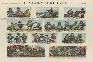 Ein Buch mit farbenfrohen Bildern von Kindern in verschiedenen Kostümen, einige mit Masken und Hüten, begleitet von passendem Text.