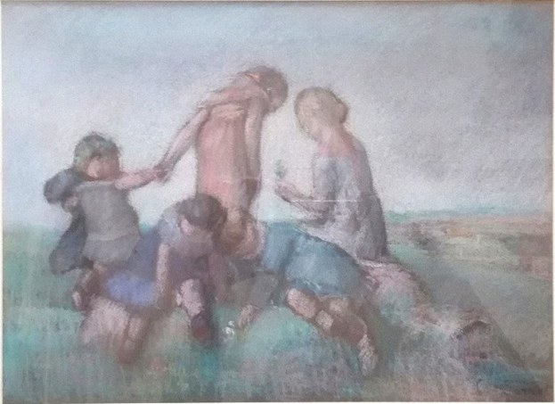 Malerei von Kindern beim Spielen auf einer Wiese, gerahmt, mit leuchtenden, fröhlichen Farben und ausdrucksstarken Gesichtern.