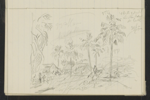 Ein offenes Skizzenbuch, das eine Zeichnung einer Gruppe von Menschen zeigt, die in einem üppigen, grünen Dschungel mit hohen Bäumen, einem tiefblauen Himmel mit verstreuten weißen Wolken und einer strahlenden Sonne stehen.