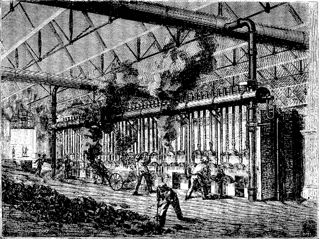 Schwarz-weiß-Zeichnung einer betriebsamen Stahlfabrik der 1910er Jahre mit Arbeitern, Pfosten und Maschinen.