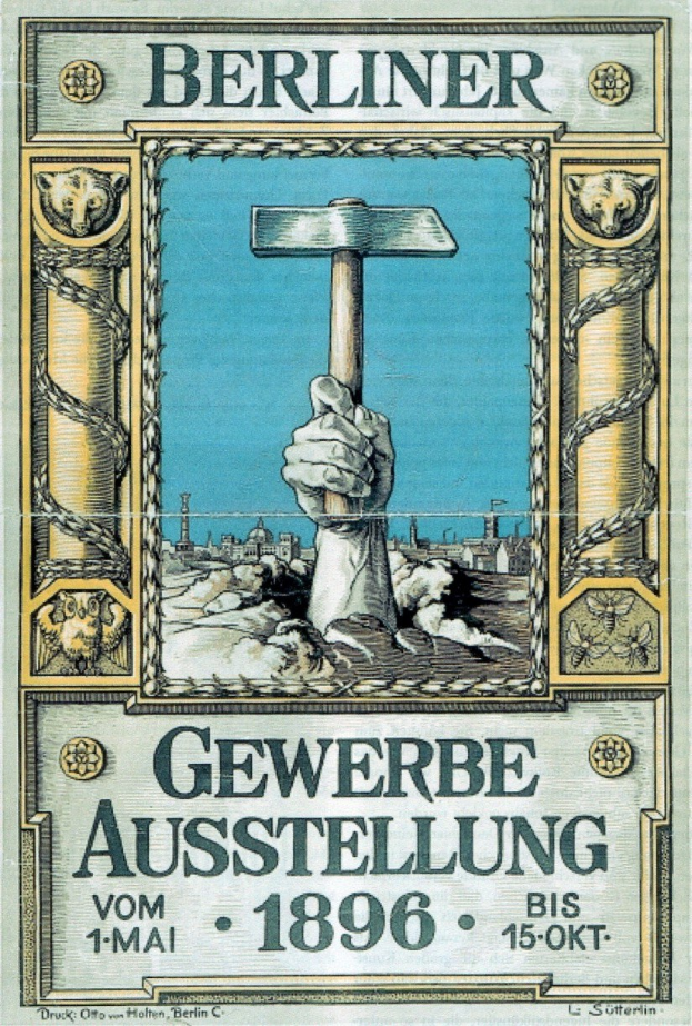 Plakat aus der Berliner Gewerbeausstellung 1896 mit einer Hand, die einen Hammer hält, wahrscheinlich für ein Ereignis in Berlin, Deutschland.